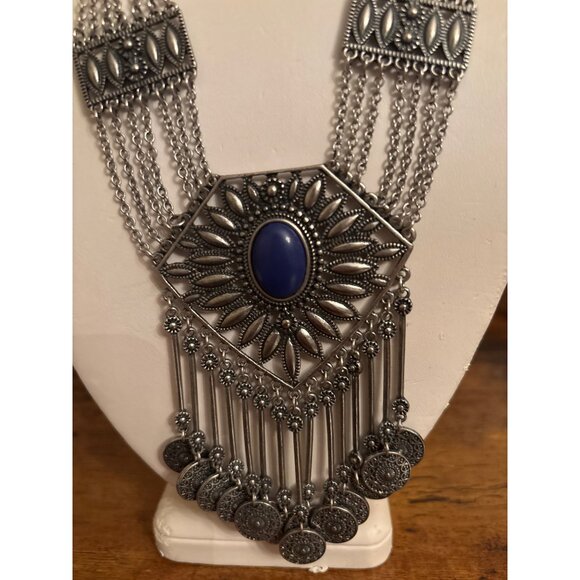 Boho Gypsy Coin Bib Necklace Bold Silver Statement With Blue Stone - Picture 13 of 16